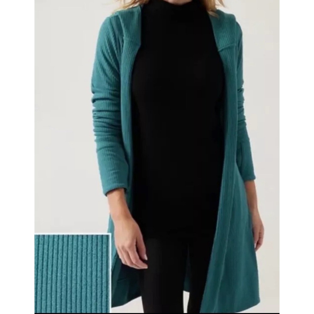 ATHLETA Harmony Wrap Open Cardigan Duster Hooded Ribbed Green Size Small Petite